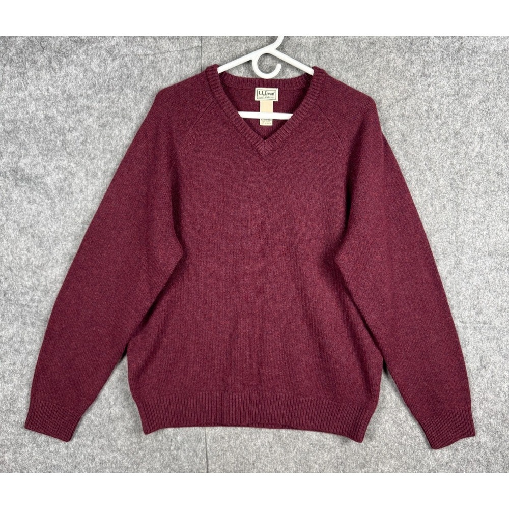 LL Bean Wool Sweater Men's Medium Red V Neck Pullover Knit Mid-Weight